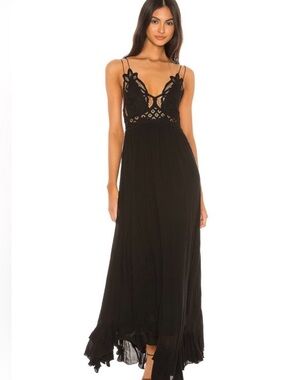 Free People Black Lace Maxi Dress - Boho Strappy Back - Flowy Gothic Midi/Maxi